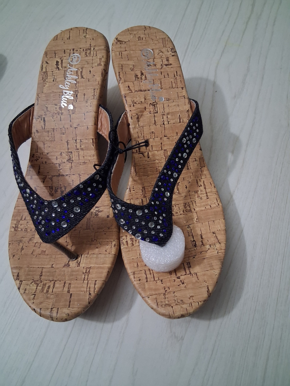 Ashley Blue Navy Rhinestone Cork Wedge Thong Sandals